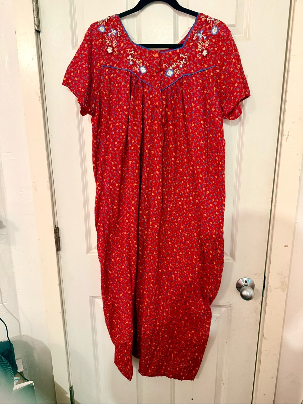 Red Floral Pajama Nightgown/House Dress with Embroidered Yoke
